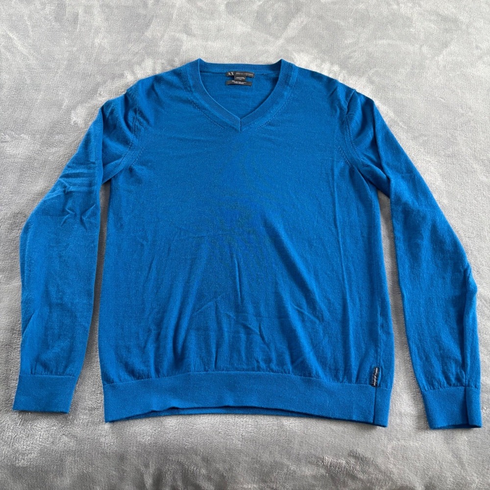 Armani Exchange Mens Blue V Neck Merino Wool Sweater L‎ G